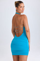 Jaylyn-Hardware Detail Cut-Out Cowl-Neck Mini Dress in Aqua Blue