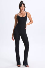 Kiki-Petite Plunge Open-Back Flared Jumpsuit in Black