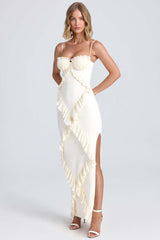 Kazumi-Plissé Ruffle-Trim Maxi Dress in Ivory