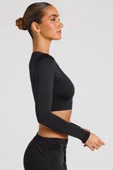 Solea-Sheer Panelled Long Sleeve Crop Top in Black