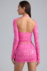 Liana-Embellished Cut-Out Halterneck Top in Bubblegum Pink