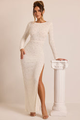 Vienna-Embellished Long Sleeve Backless Maxi Dress in White