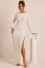 Vienna-Embellished Long Sleeve Backless Maxi Dress in White