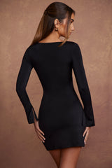 Rea-Long Sleeve Asymmetric Mini Dress in Black