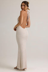 Hallie-Modal Halterneck Maxi Dress in Pink Yellow Stripe