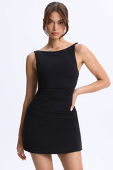 Ione-Ruched A-Line Micro Mini Dress in Black