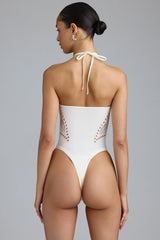 Summer-Lace-Up Halterneck Bodysuit in Ivory