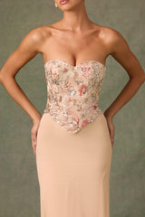 Lysana-Embellished Corset Fishtail Gown in Floral Beige