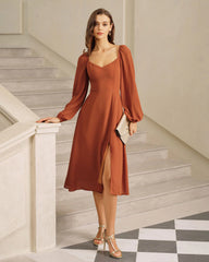 Red Puffed Sleeve Slit Midi Dress