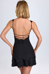 Cassandra-Ruffle-Trim Button-Detail Corset Mini Dress in Black
