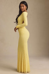 Tarini-Ruched Backless Lace Maxi Dress in Pastel Yellow