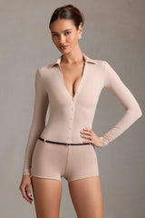 Araceli-Long-Sleeve Playsuit in Mushroom