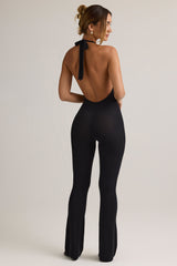 Penny-Modal Ribbed Backless Halterneck Jumpsuit in Black