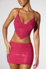 Rocco-Embellished Cowl Neck Open Back Crop Top in Hot Pink