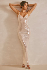 Marlena-Sheer Sequin V-Neck Cut Out Back Evening Gown in White
