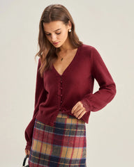 Red V Neck Lace Trim Knit Cardigan
