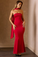 Mandi-Scarf-Detail Strapless Gown in Scarlet Red