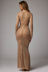 Isabeau-Sheer Embellished Long Sleeve Evening Gown in Almond