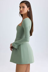 Taesha-Square-Neck Structured Tulip Mini Dress in Khaki Green