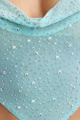 Skye-Embellished Cowl-Neck Crop Top in Ice Blue