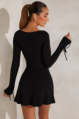 Amryn-Long Sleeve A-Line Mini Dress in Black