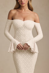 Verena-Off-Shoulder Ruffle Lace Maxi Dress in Ivory
