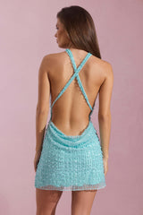 Sylune-Embellished Cowl-Neck Backless Mini Dress in Aqua Blue