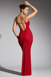 Colmar-Embellished Plunge Neck Evening Gown in Red