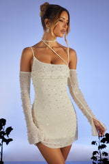 Soho-Embellished Asymmetric Corset Mini Dress in Ivory