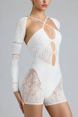 Melody-Embellished Cut-Out Unitard in Ivory