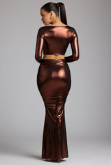 Zahra-Mid Rise Metallic Jersey Gown Skirt in Copper Bronze