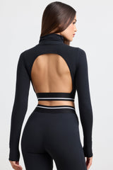 Stretch Cotton Jersey Backless Turtleneck Long-Sleeve Crop Top in Black
