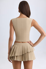Nada-Layered Pleated Low-Rise Mini Skirt in Camel