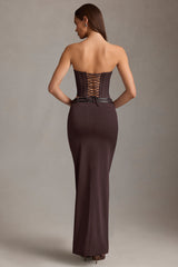 Liora-Pinstripe Low-Rise Maxi Skirt in Chocolate Brown