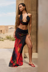 Keona-Mid-Rise Split Maxi Skirt in Red Blurred Print