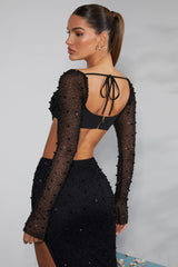 La Désirade-Embellished Cowl Neck Crop Top in Black