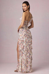 Hera-Asymmetric Ruffled Lace-Up Gown in Primrose Floral Print