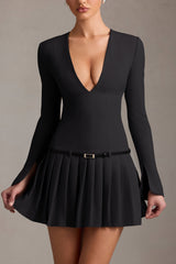 Fiorella-Long-Sleeve Pleated Mini Dress in Black