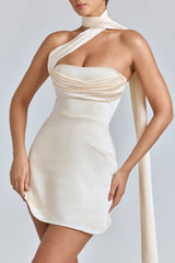 Anastasia-Draped Halterneck Satin Mini Dress in Ivory
