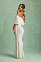 Naia-Bouclé Off-Shoulder Maxi Dress in White