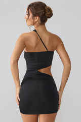 Shyla-Slinky Jersey Ruched Cut Out Mini Dress in Black