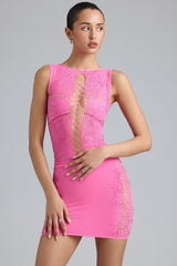 Gracie-Embellished Lace-Up High-Neck Top in Bubblegum Pink