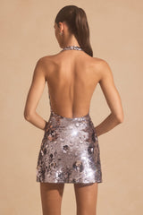 Avenza-Sequin-Embellished Halterneck Mini Dress in Silver