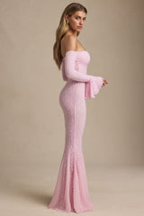 Verena-Off-Shoulder Ruffle Lace Maxi Dress in Soft Pink