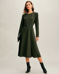 Green Ruched A-Line Slit Midi Dress