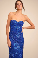 Confident Sensation Cobalt Sequin Strapless Bustier Maxi Dress