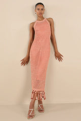 Marama Shiny Coral Crochet Sleeveless Fringe Midi Dress
