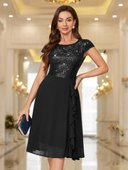 Sequin Lace Ruffle Trim Chiffon Cocktail Party Swing Dress for Weddings, Proms & Formal Events