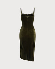 Green Velour Ruched Slip Midi Dress