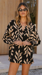 Koa Button Up Top - Black/Tan Print